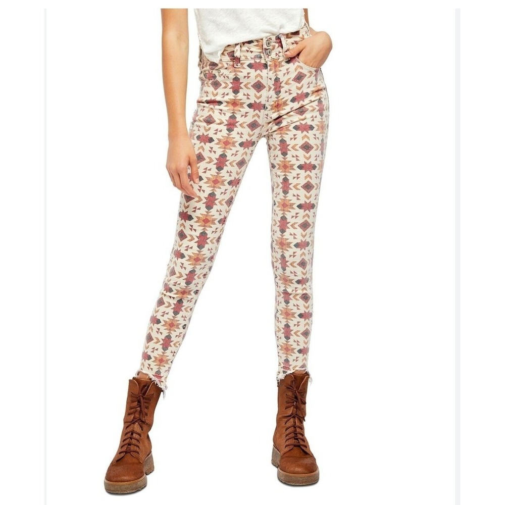 We The Free Free People Wild Child Southwestern Print High Rise Jeans Raw Hem 30